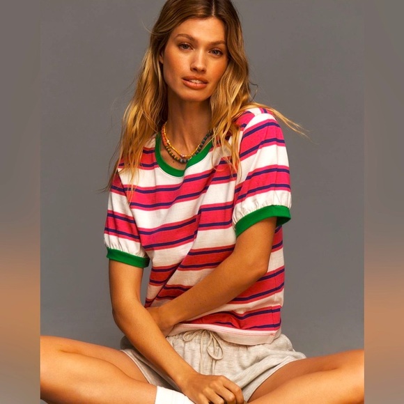 Anthropologie Pink and White Striped Short Sleeve Tee - Picture 2 of 7
